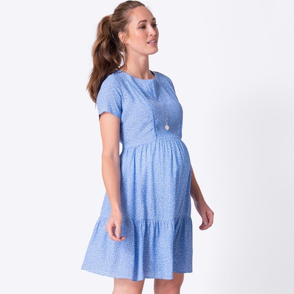 Seraphine Size 6 Genevie Blue White Dot Tiered Maternity & Nursing Dress